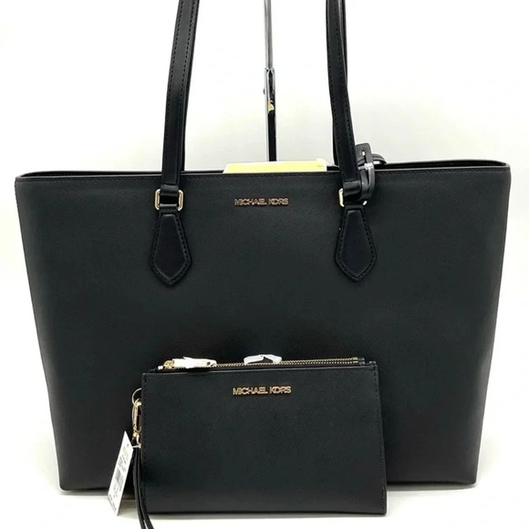 Michael Kors Handbags - Michael Kors Bag Large Sheila Mf Tote Bag & Large Double Zip Wallet Black/Gold